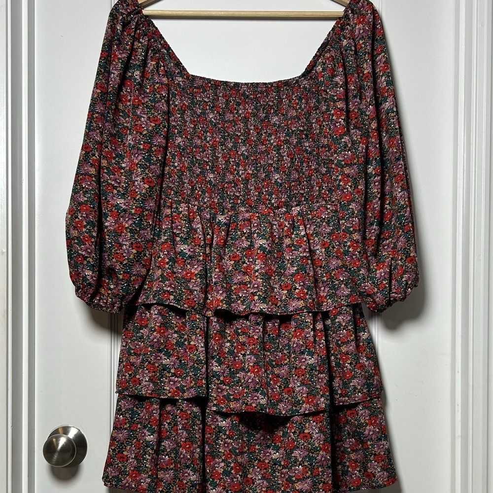 Entro Floral Ditsy Boho Smocked Bodice Balloon Sleeve Tiered Ruffle Mini Dress
